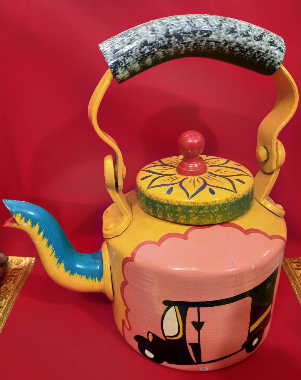 Traditional Meenakari, Jaipuri, Artician Painting Hand Painted Figurine Aluminium Decorative Tea Kettle Pot (1 L, 22 cm, Multicolour)