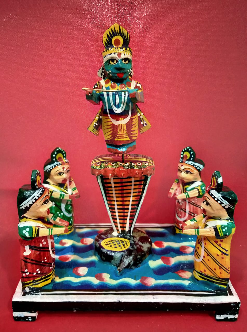  Lord Krishna Standing on Sheshnag with various posture, Wooden Art Showpiece