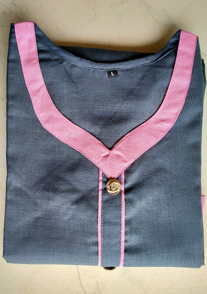 Cotton Kurti for Women (Grey With Pink Strips)